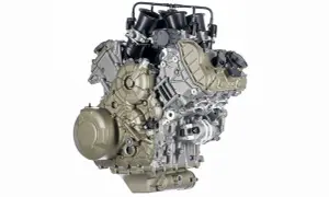 Silnik Ducati V4, potężna jednostka 4t, z widocznymi wtryskami paliwa i elementami układu chłodzenia.