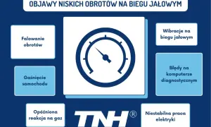 Objawy niskich obrotów: falowanie, gaśnięcie, opóźniona reakcja na gaz, wibracje, błędy diagnostyczne, niestabilna praca elektryki. Silnik odcina moc.