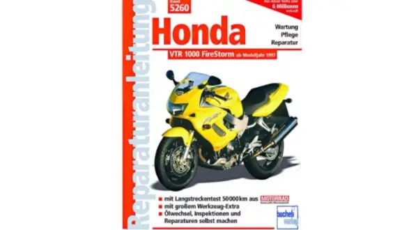Żółty motocykl Honda VTR 1000 Firestorm na okładce instrukcji napraw.