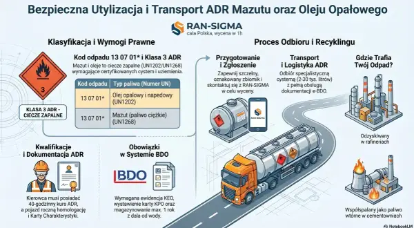 Ilustracja przedstawia proces bezpiecznej utylizacji i transportu mazutu oraz oleju opałowego. Widoczny jest transport zużytego oleju specjalistyczną cysterną, który następnie trafia do rafinerii lub cementowni.