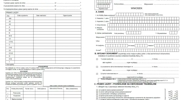 Wniosek o wydanie prawa jazdy, z polami do wpisania danych osobowych, kategorii pojazdów i daty wydania dokumentu.