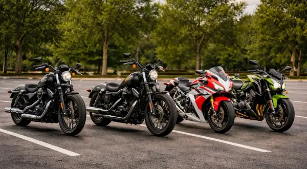 Cztery motocykle, w tym dwa klasyczne amerykańskie, stoją zaparkowane na tle drzew.