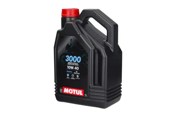 Czarny kanister oleju Motul 3000 10W-40, idealny jako olej do crossa 4t, zapewnia ochronę silnika i łatwą zmianę biegów.