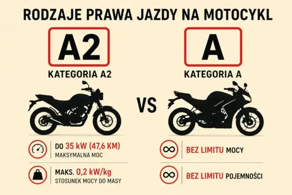 Porównanie kategorii A2 i A prawa jazdy na motocykl. A2: do 35 kW mocy, A: bez limitu mocy i pojemności.