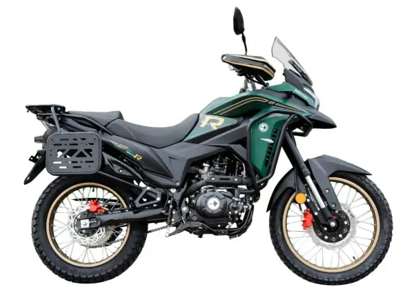 Zielony motocykl Barton Rally 125 z czarnymi akcentami i złotymi detalami, gotowy na przygodę.