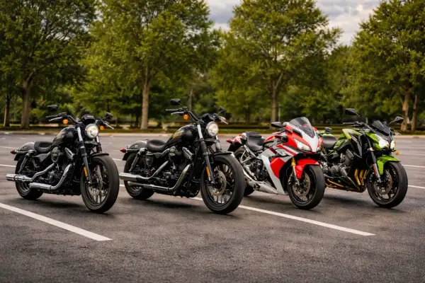 Cztery motocykle, w tym dwa klasyczne amerykańskie, stoją zaparkowane na tle drzew.