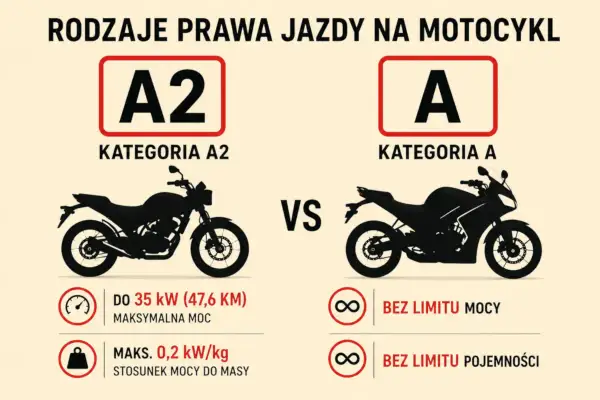 Porównanie motocykli: kategoria A2 (do 35 kW) vs kategoria A (bez limitu mocy i pojemności).
